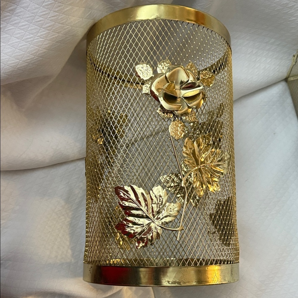 Vintage Hollywood Regency Gold Mesh Wastebasket & Tissue Box Cover Ornate Floral - Picture 11 of 15